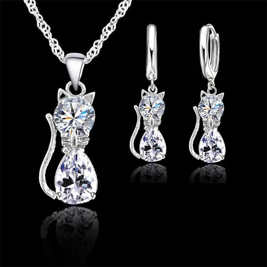 925 Sterling Silver Jewelry Set with Austrian Crystal Cat Pendant & Huggie Earrings