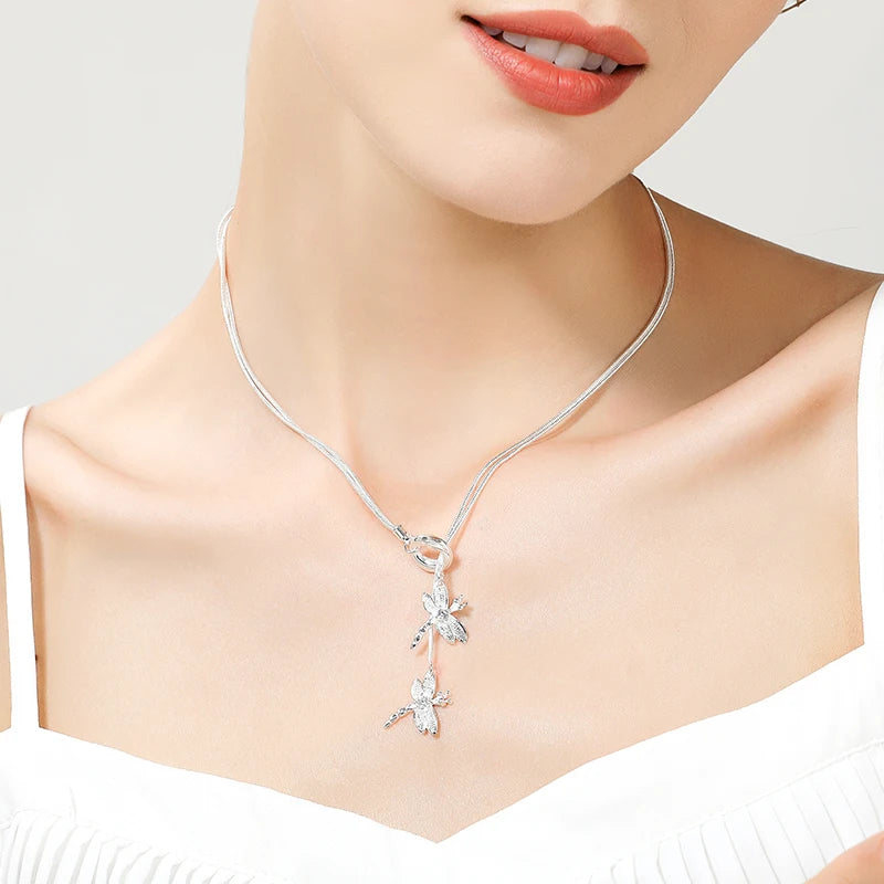 DOTEFFIL 925 Silver Twin Dragonfly Pendant Necklace – Elegant Wedding & Engagement Jewelry