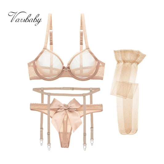 Varsbaby 4-Piece Sexy Bow Lingerie Set – Ultra-Thin Mesh with Thong, Garter & Stockings