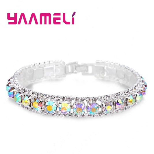 925 Sterling Silver Bracelets with AAA Zircon Austrian Crystals – 14 Color Link Chain Bangles