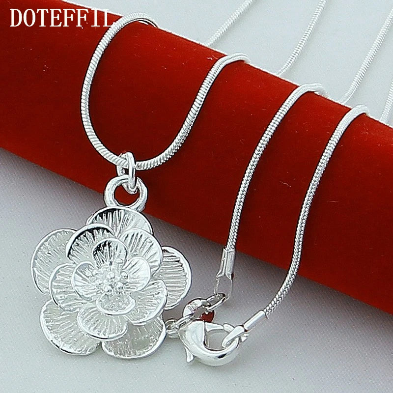 DOTEFFIL 925 Silver Rose Pendant Necklace – Elegant Floral Wedding Jewelry for Women