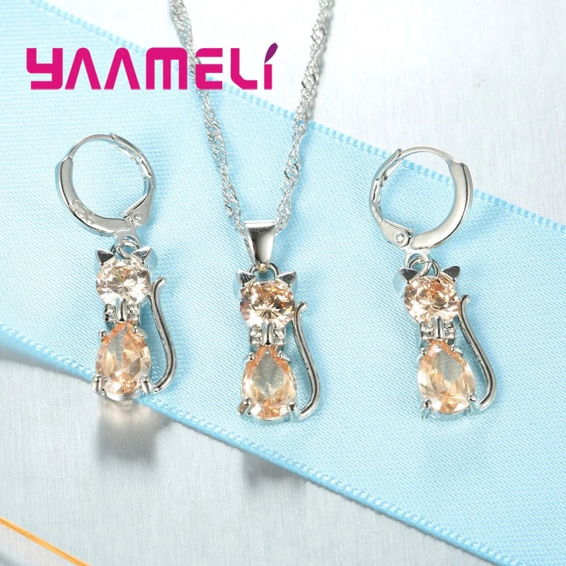 925 Sterling Silver Jewelry Set with Austrian Crystal Cat Pendant & Huggie Earrings