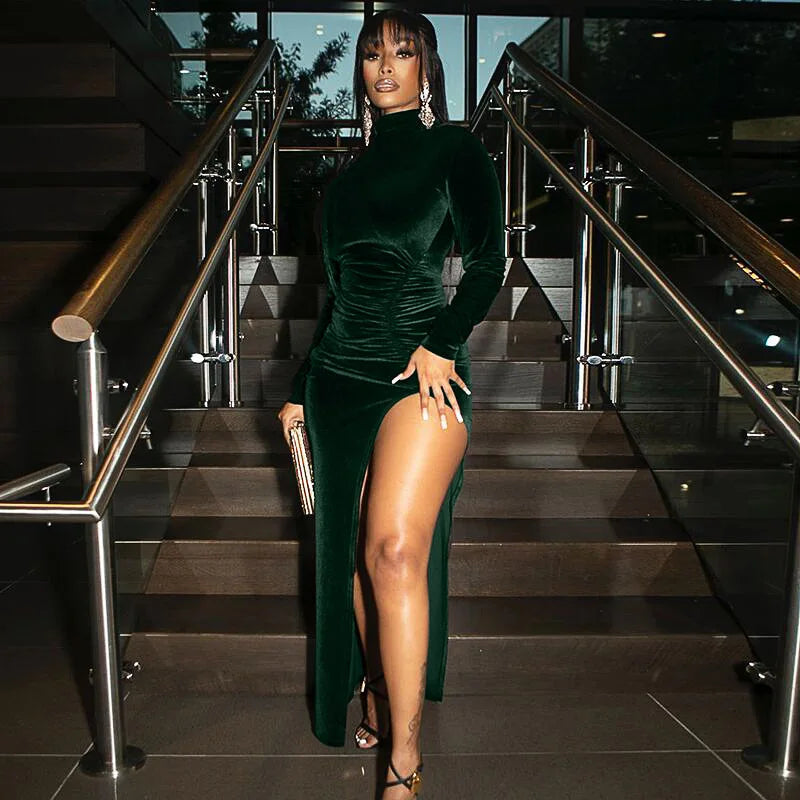 2025 Velvet Ruched Bodycon Midi Dress – Elegant Long Sleeve Slit Party Clubwear