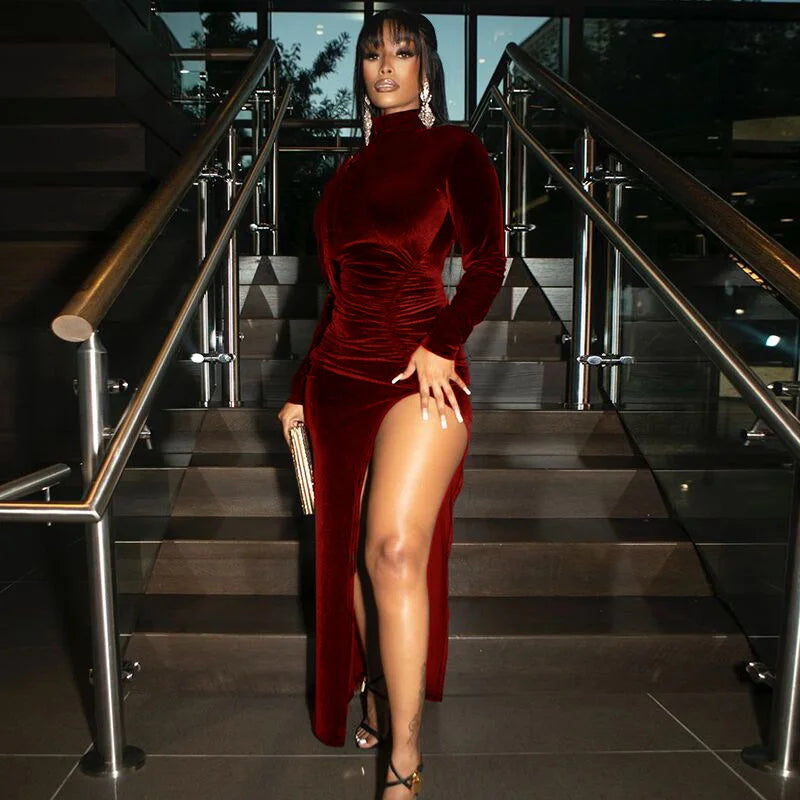 2025 Velvet Ruched Bodycon Midi Dress – Elegant Long Sleeve Slit Party Clubwear