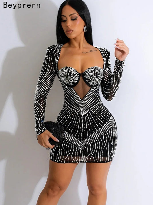 DistractionDazzle – Black Rhinestone Padded Mini Dress