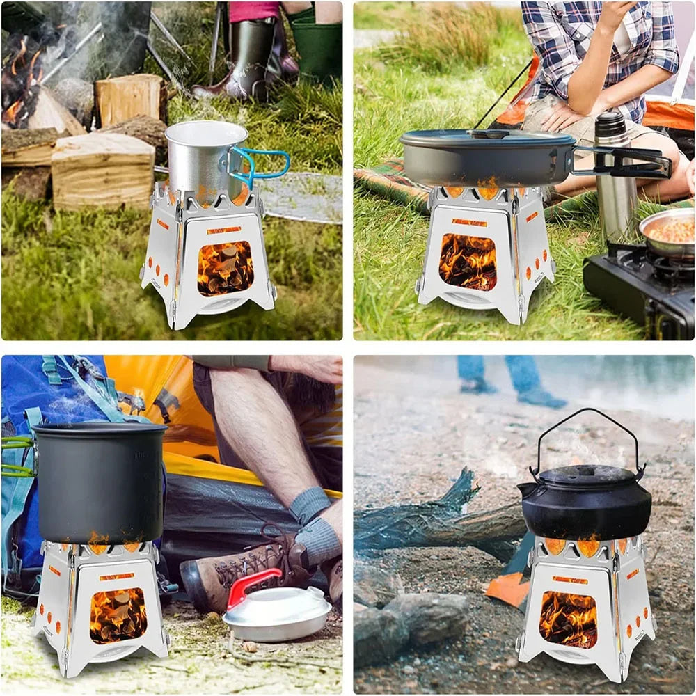 Portable Stainless Steel Camping Wood Stove – Folding Firewood Burner for Outdoor Cooking