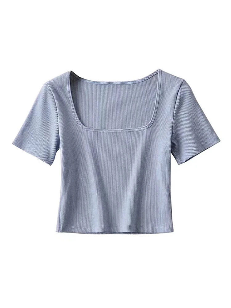 Women’s Square Neck Ribbed Crop T-Shirt – Short Sleeve