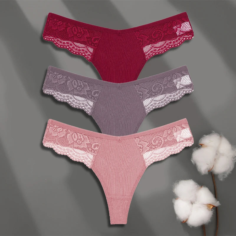 LaceLuxe – 3PCS Women's Cotton Lace Thong Set