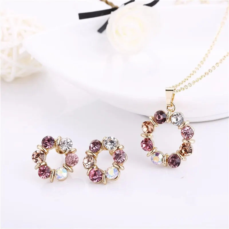 Gold Circle Diamond Jewelry Set – 3PCS Elegant Necklace & Earrings for Women