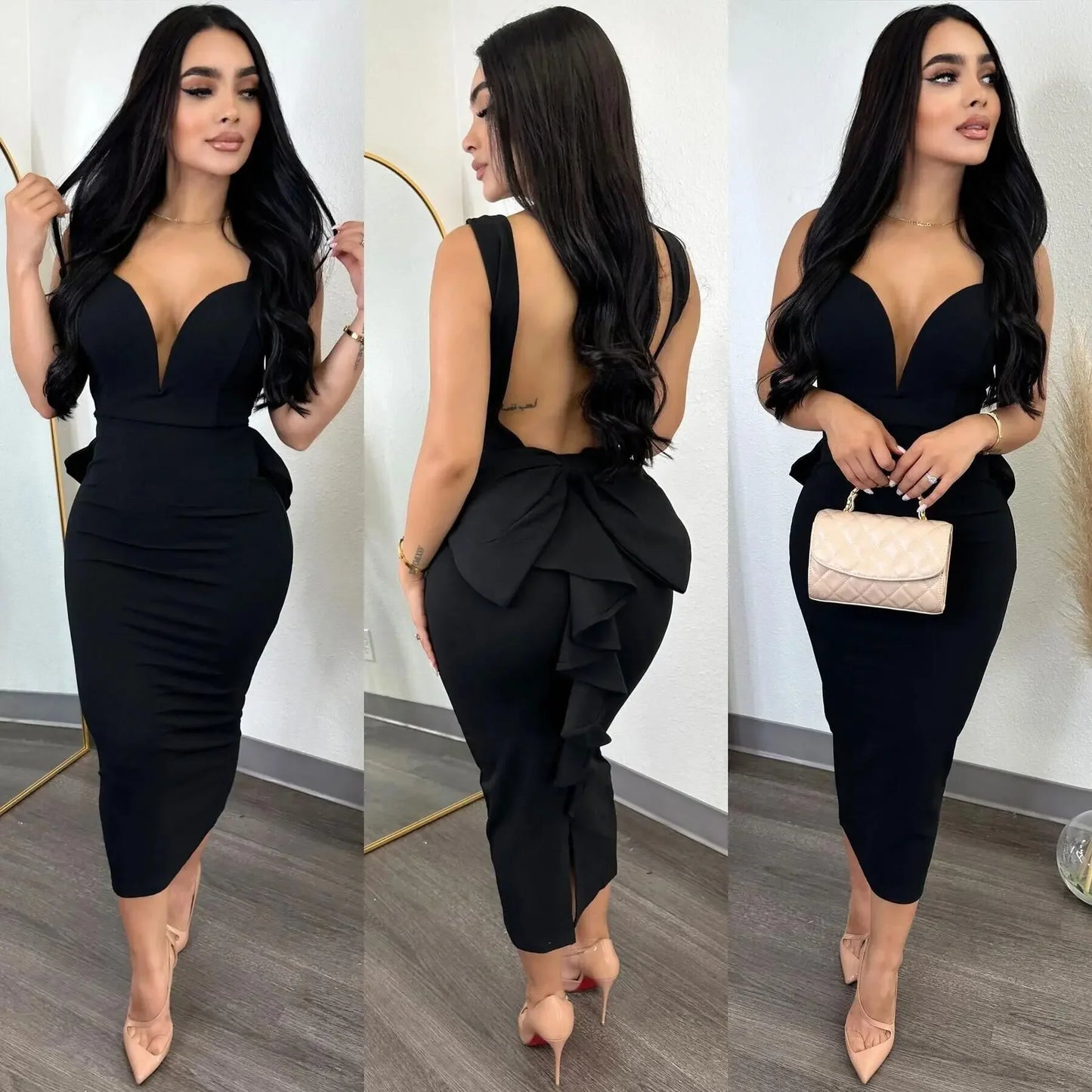 VéraBow – Deep V Open-Back Slit Dress with Statement Bow