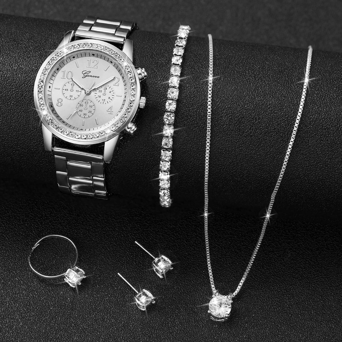 6PCS Women's Fashion Silver Steel Band Analog Quartz Watch & Diamond Jewelry Set (No Box)