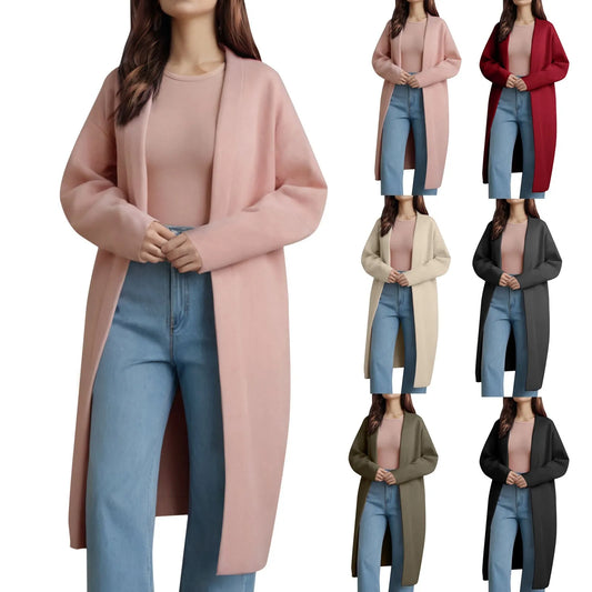 Long Knitted Cardigan for Women – Open Front V-Neck Winter Coat