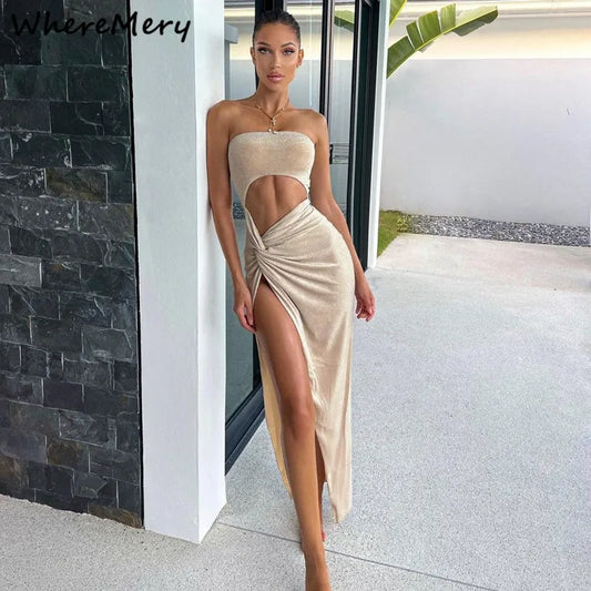 WhereMery Hollow-Out Slit Maxi Dress – Elegant & Sexy Summer Party Look