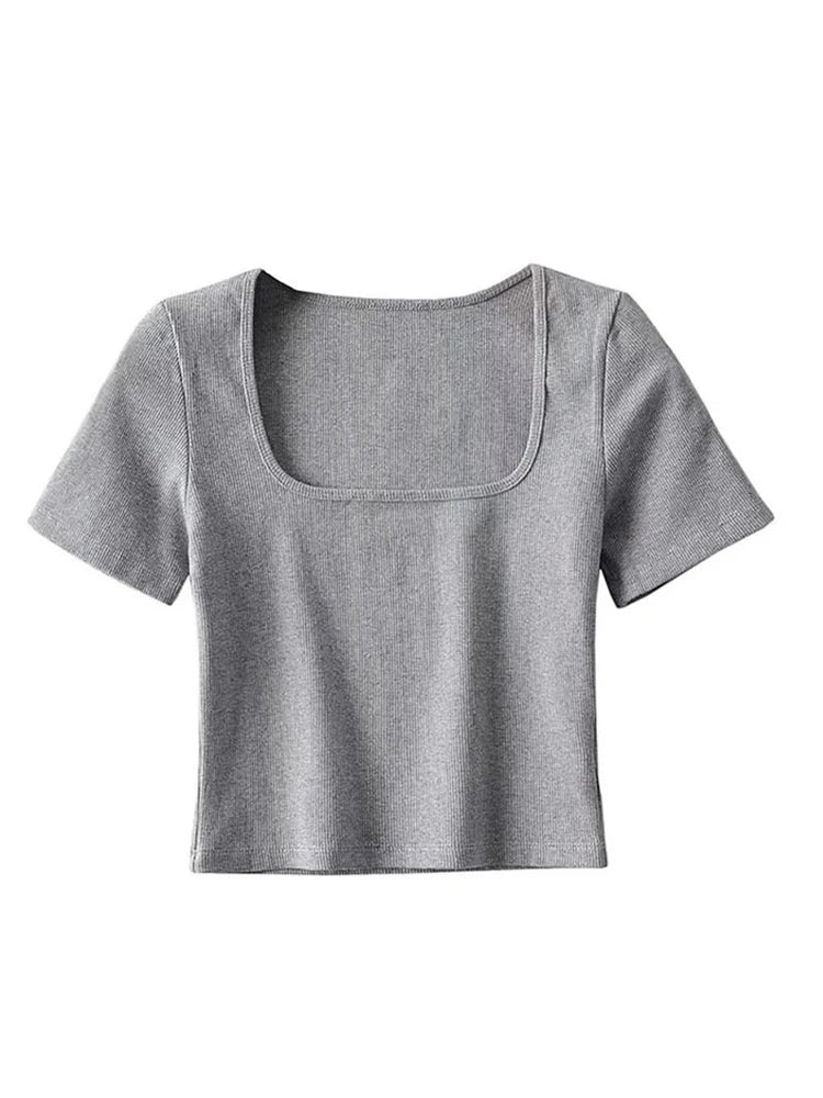 Women’s Square Neck Ribbed Crop T-Shirt – Short Sleeve