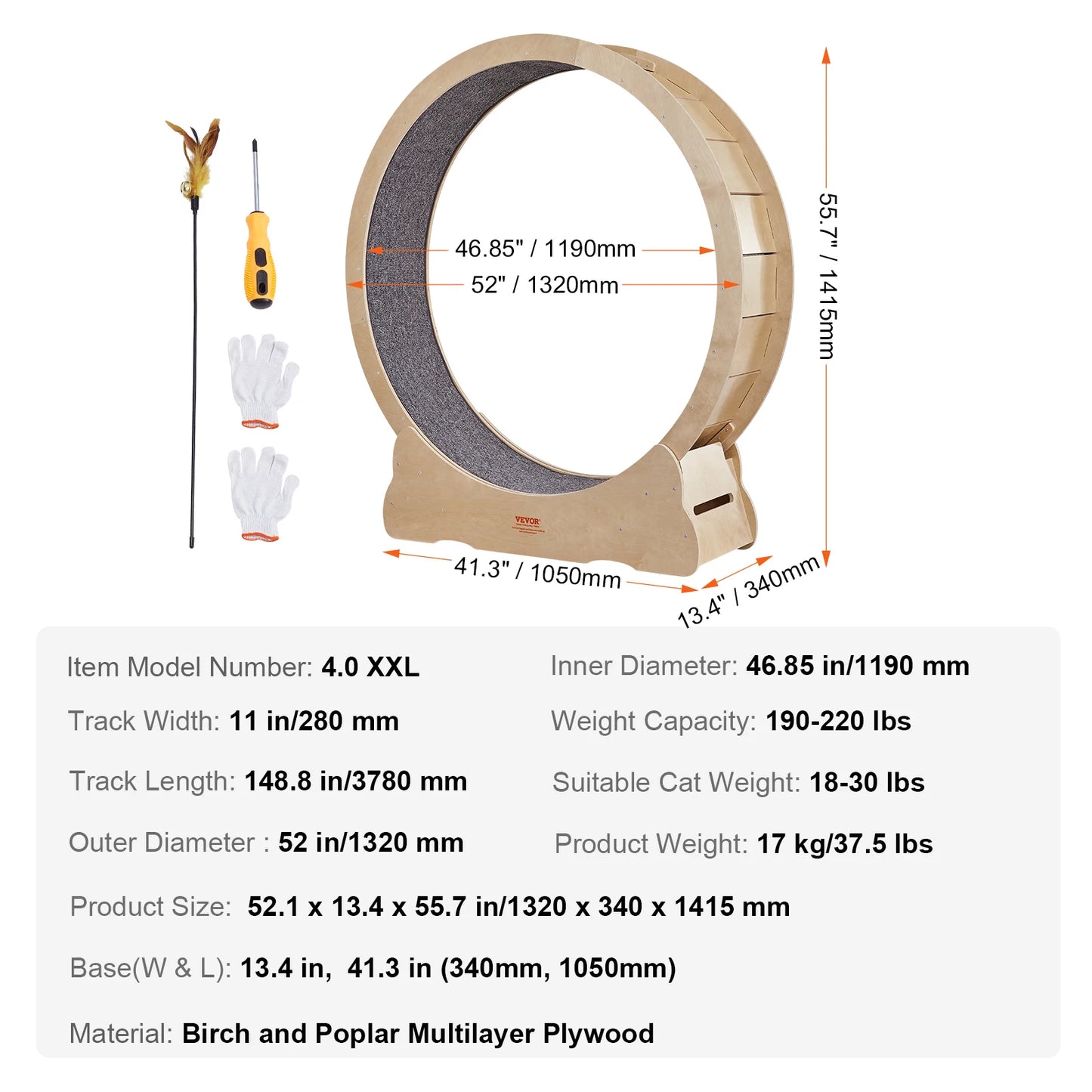 VEVOR Cat Exercise Wheel – Natural Wood Silent Treadmill with Removable Carpet