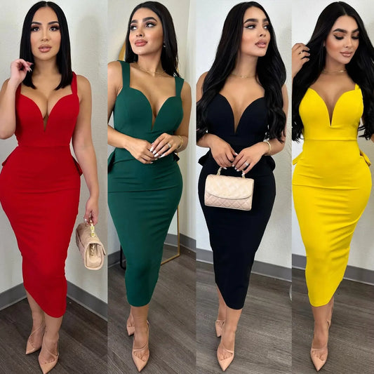 VéraBow – Deep V Open-Back Slit Dress with Statement Bow
