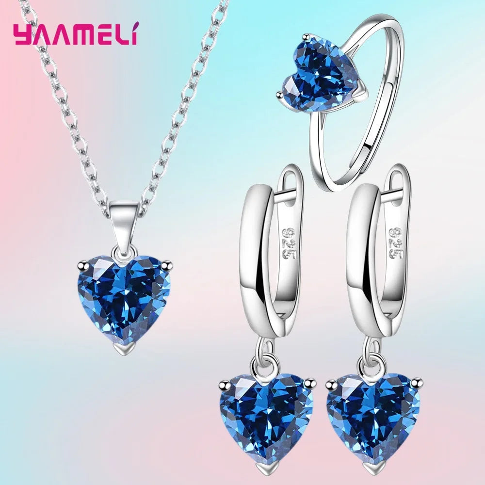 Sterling Silver 925 Heart Jewelry Gift Set – Necklace, Earrings & Ring with Zircon