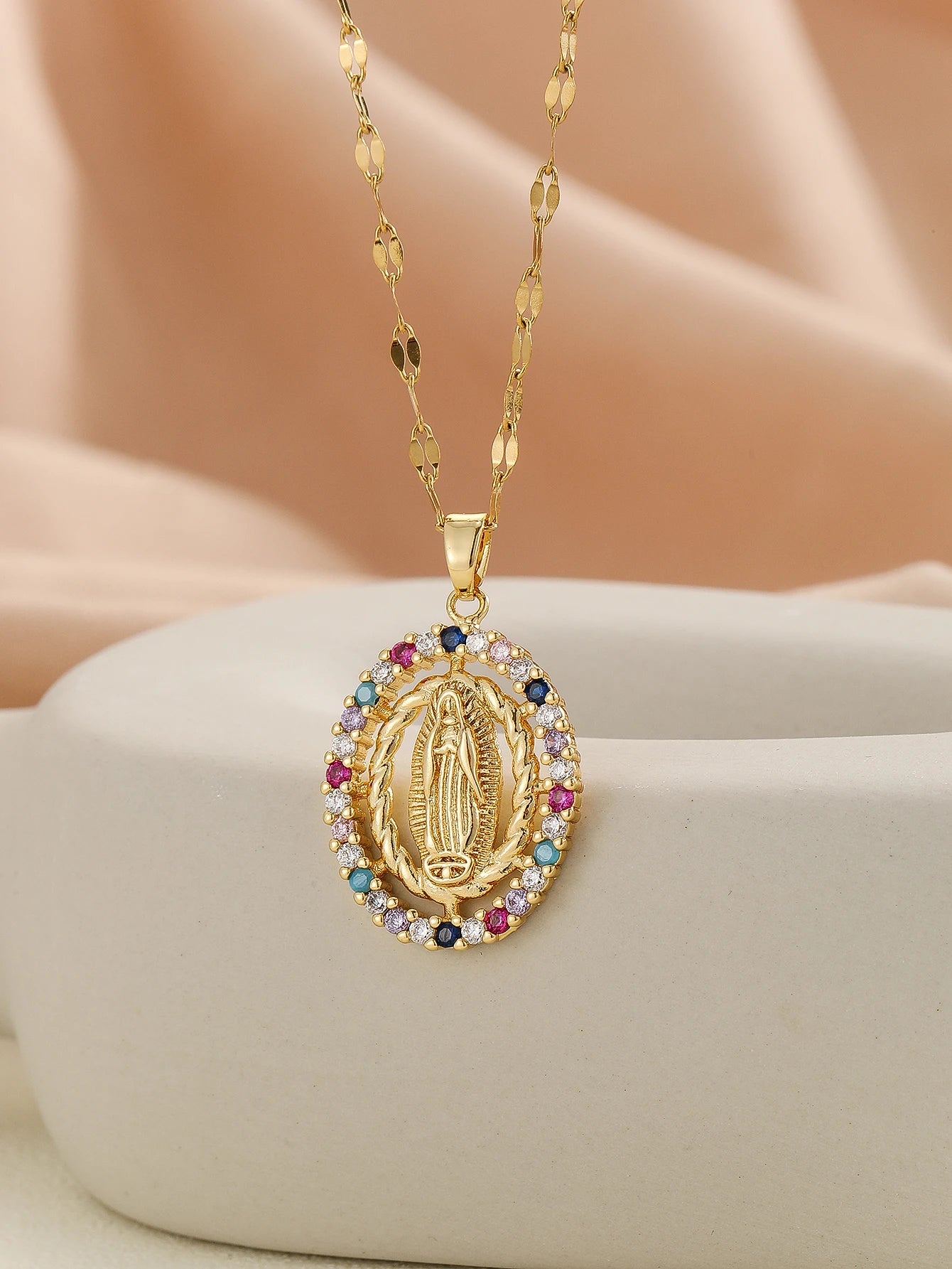 Santa Maria Micro-Inlaid Zircon Necklace – Colorful Religious Fashion Jewelry