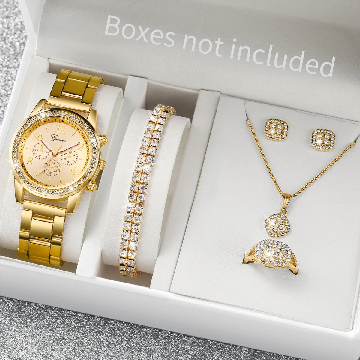 6PCS Women's Rhinestone Watch & Jewelry Set – Stainless Steel Quartz Elegance