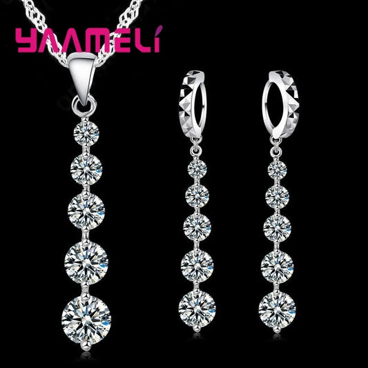 925 Silver Crystal Wedding Jewelry Set – Long Drop Earrings & Pendant Necklace for Women
