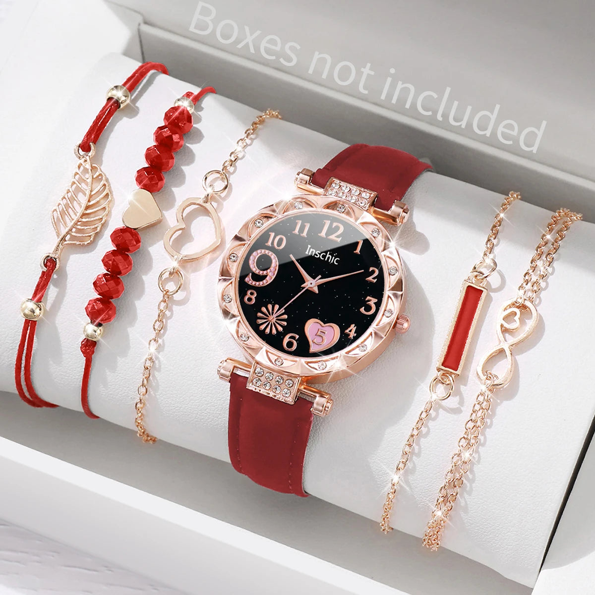 6-Piece Women’s Fashion Watch & Bracelet Set – Heart Dial Leather Band Quartz