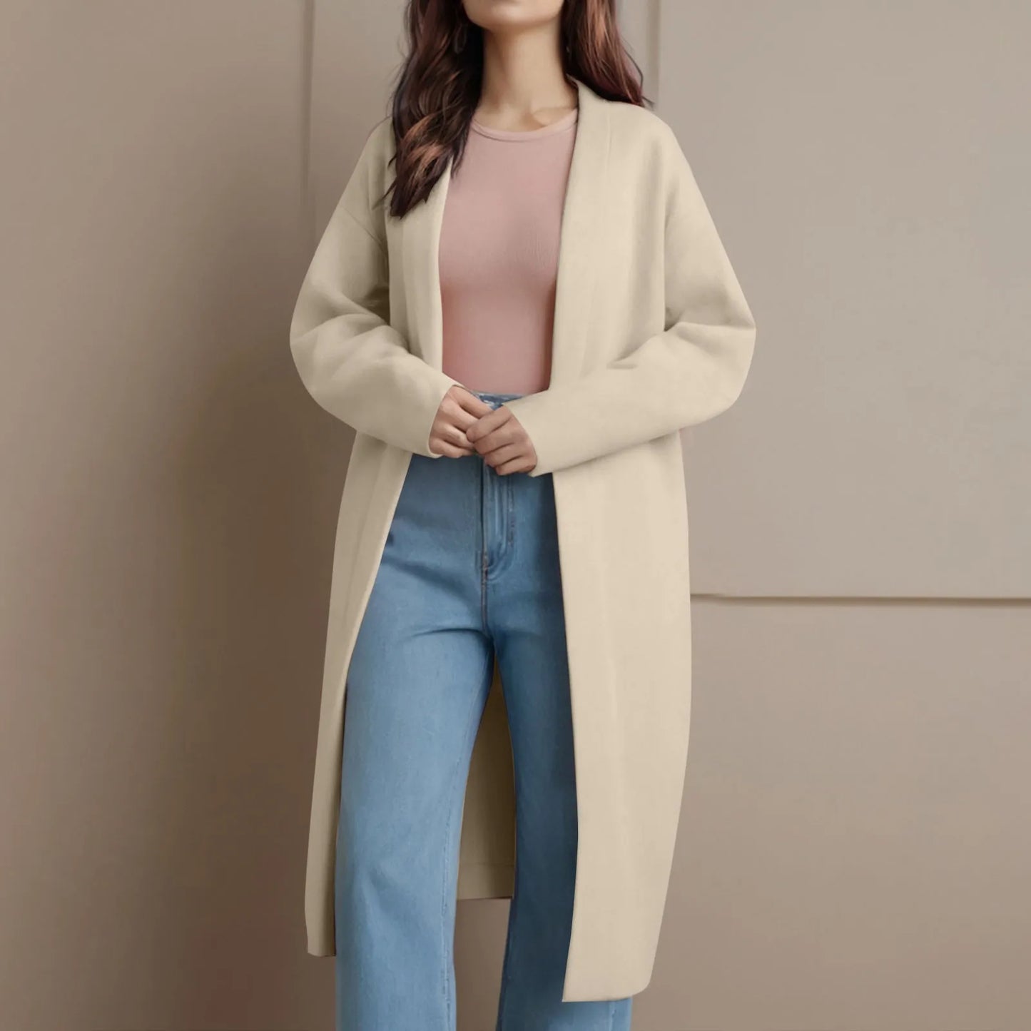 Long Knitted Cardigan for Women – Open Front V-Neck Winter Coat
