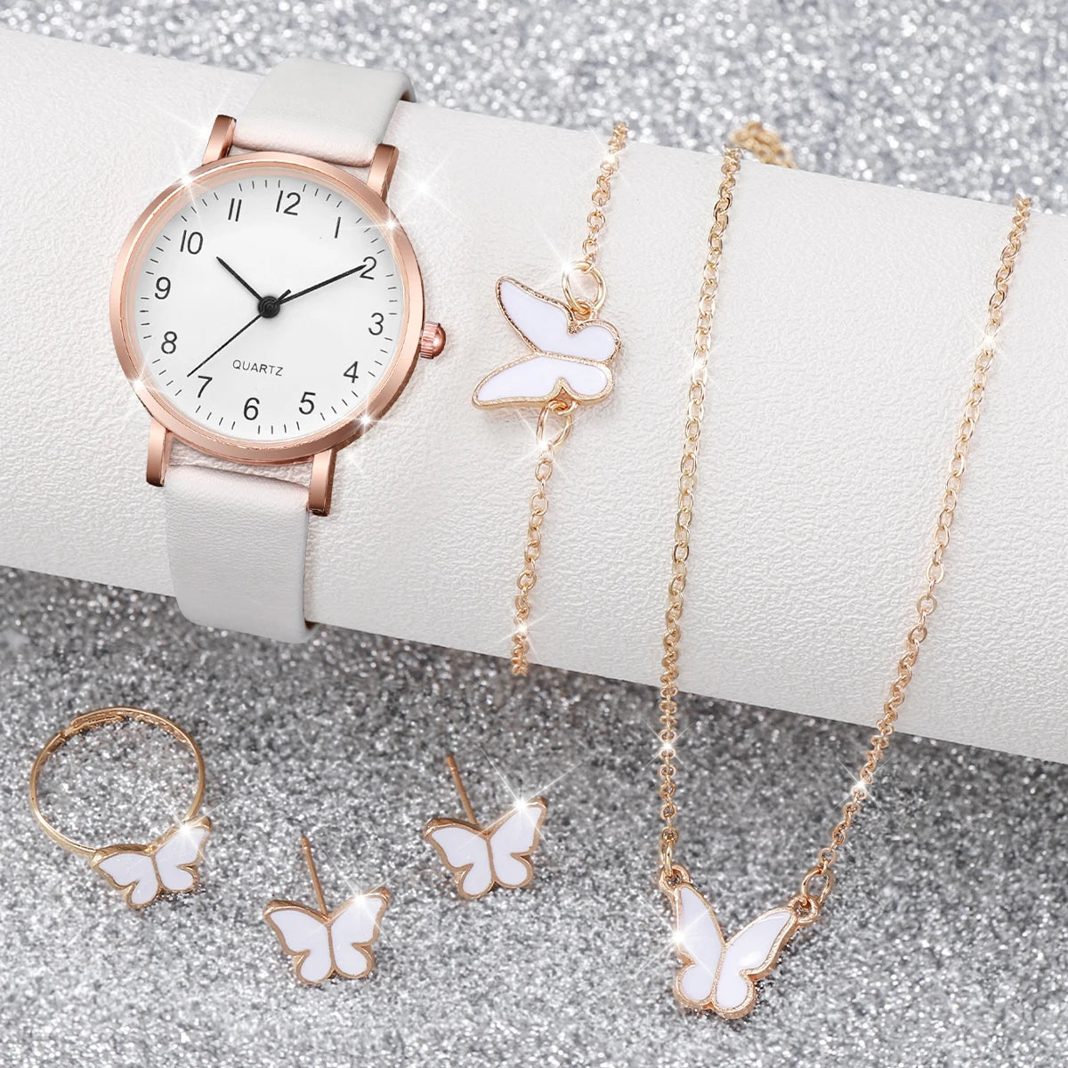 Women's Arabic Dial Watch & Butterfly Jewelry Set – PU Leather Strap