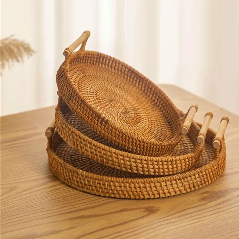 Rattan Tray – Round Woven Basket for Bread, Snacks & Decor