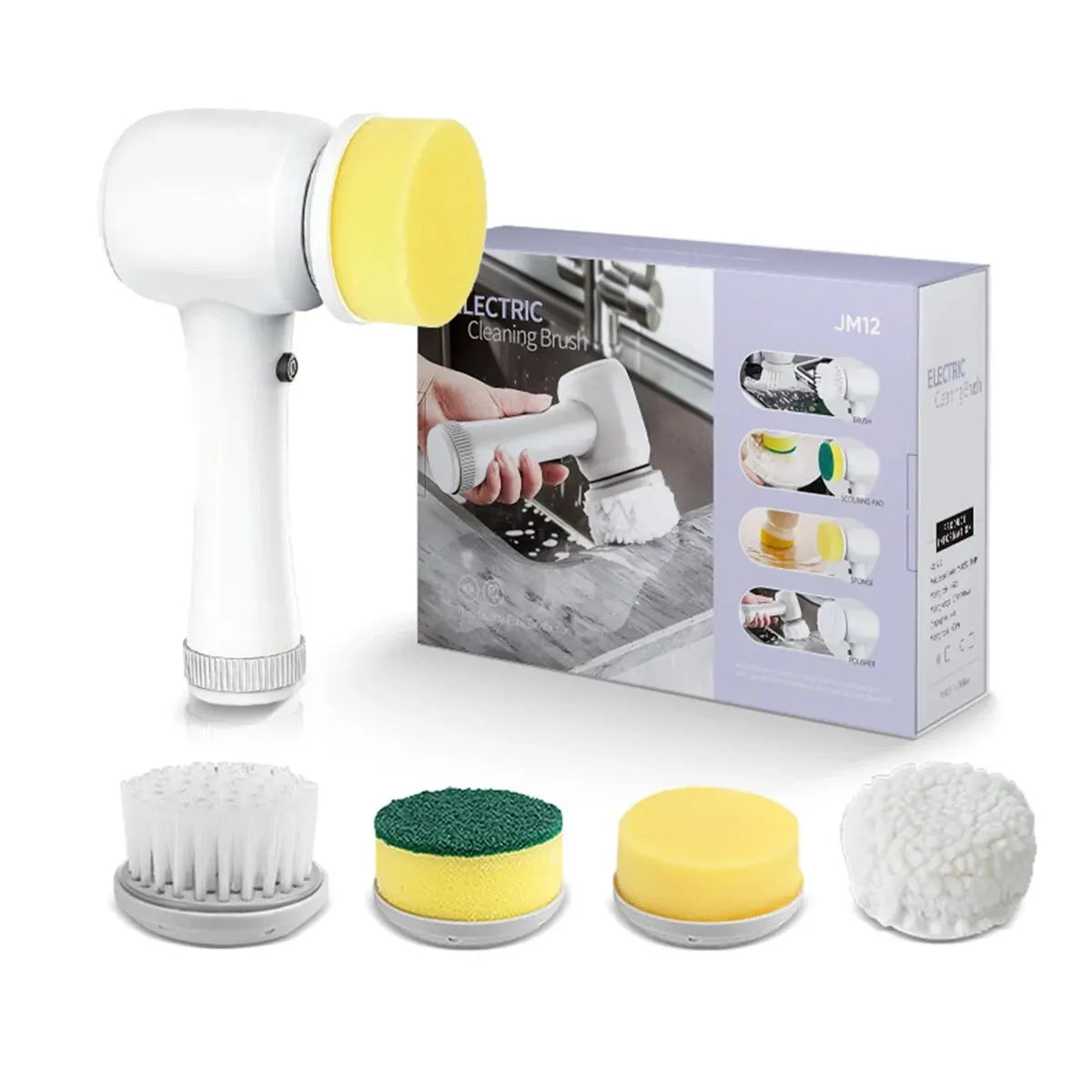 4-in-1 Electric Cleaning Brush – USB Rechargeable with Rotating Sponge, Wire Brush & Attachments