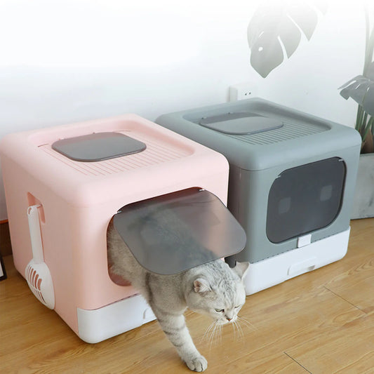 Enclosed Foldable Cat Litter Box – Large, Spill-Proof Plastic Cat Toilet