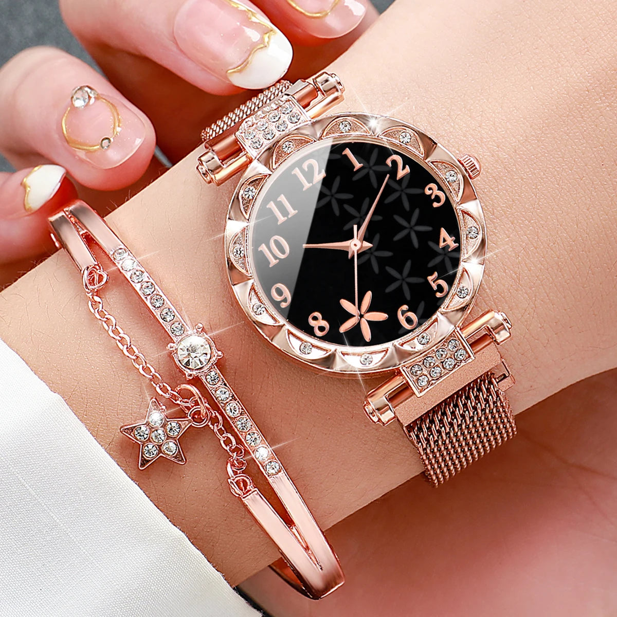 Floral Glow Watch & Bracelet Set – Elegant 2PCS for Women