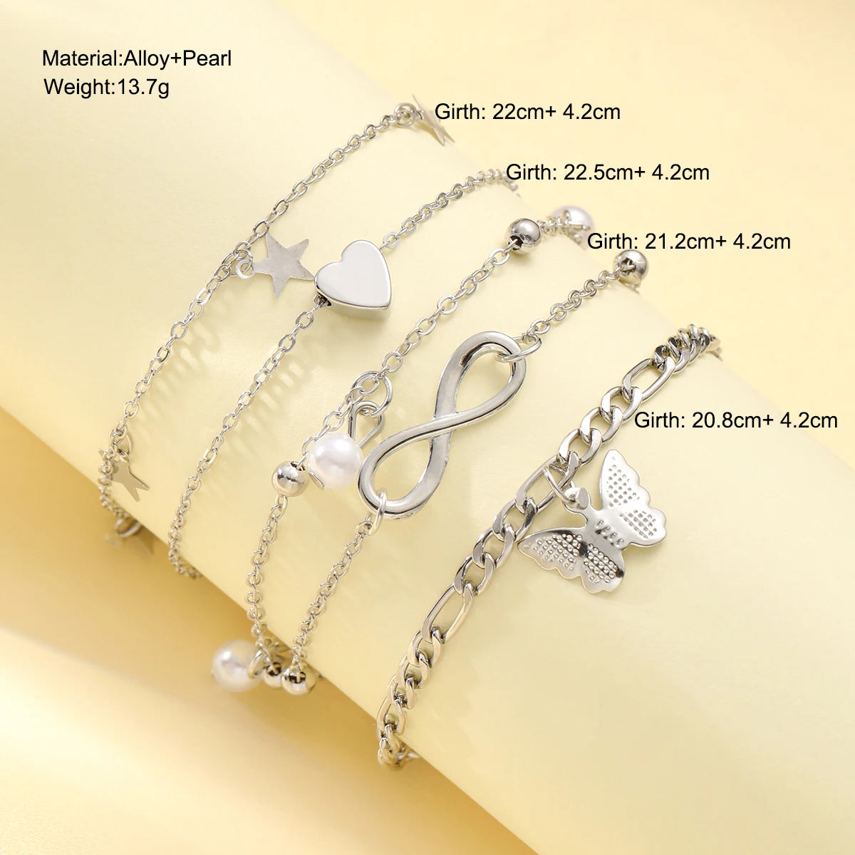 Boho Summer Anklet Set – Silver Charm Chain with Pearls, Butterflies & Stars