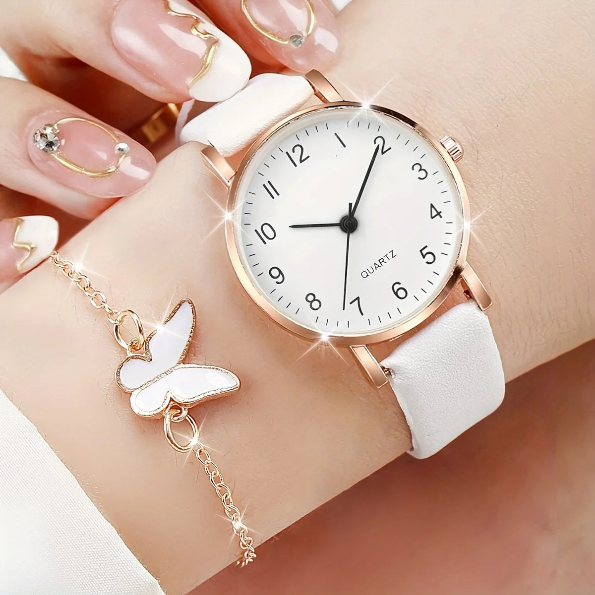 Women's Arabic Dial Watch & Butterfly Jewelry Set – PU Leather Strap