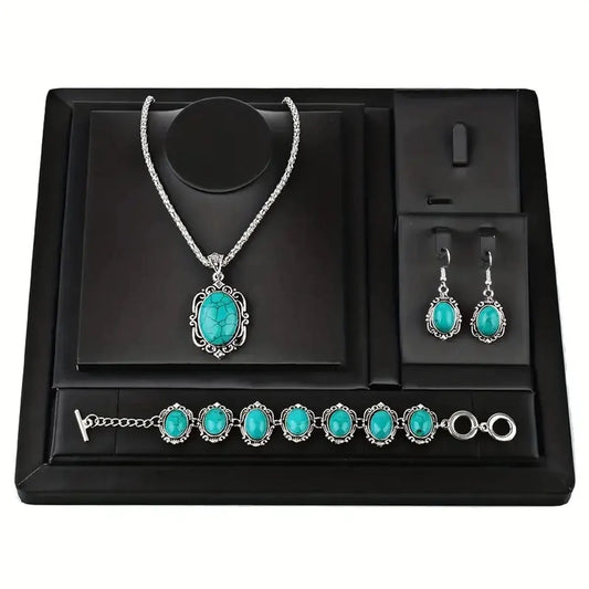 3-Piece Women’s Vintage Turquoise Jewelry Set – Bracelet, Necklace & Earrings