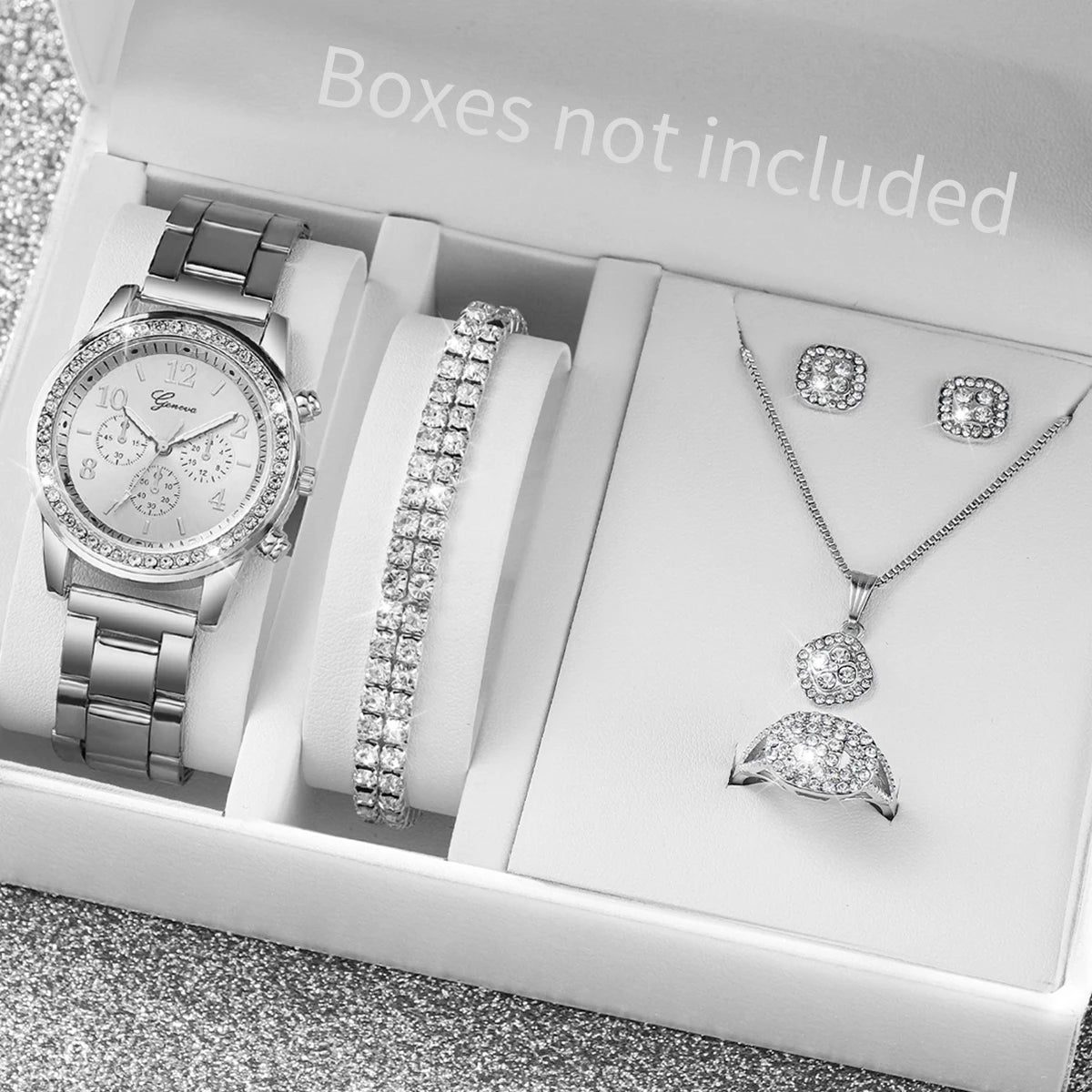 6PCS Women's Rhinestone Watch & Jewelry Set – Stainless Steel Quartz Elegance