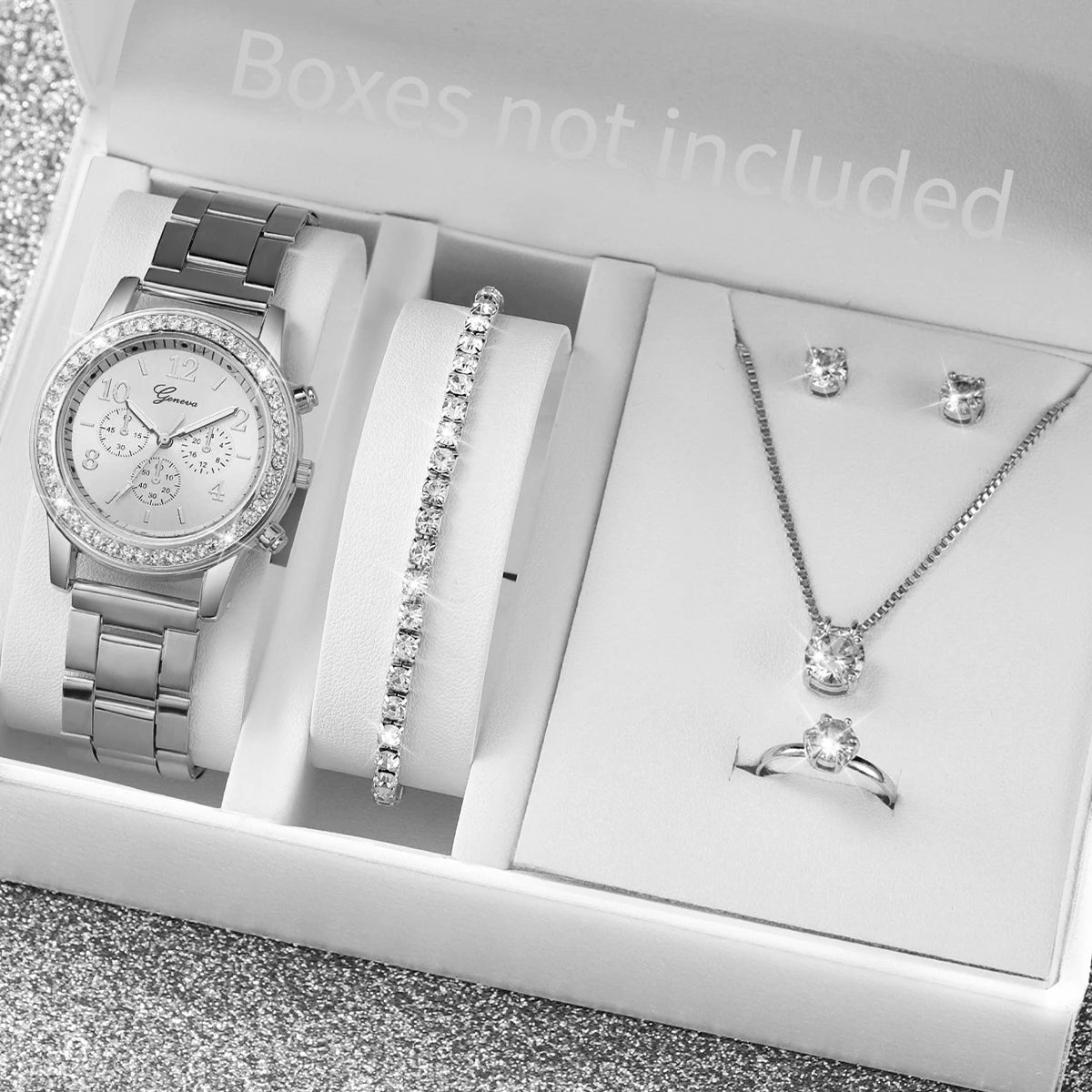 6PCS Women's Fashion Silver Steel Band Analog Quartz Watch & Diamond Jewelry Set (No Box)
