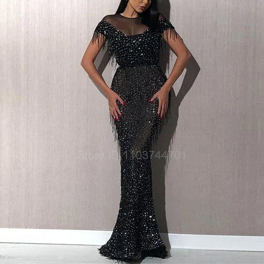 TulleWhisper – Embroidered Leaf Tassel Evening Gown
