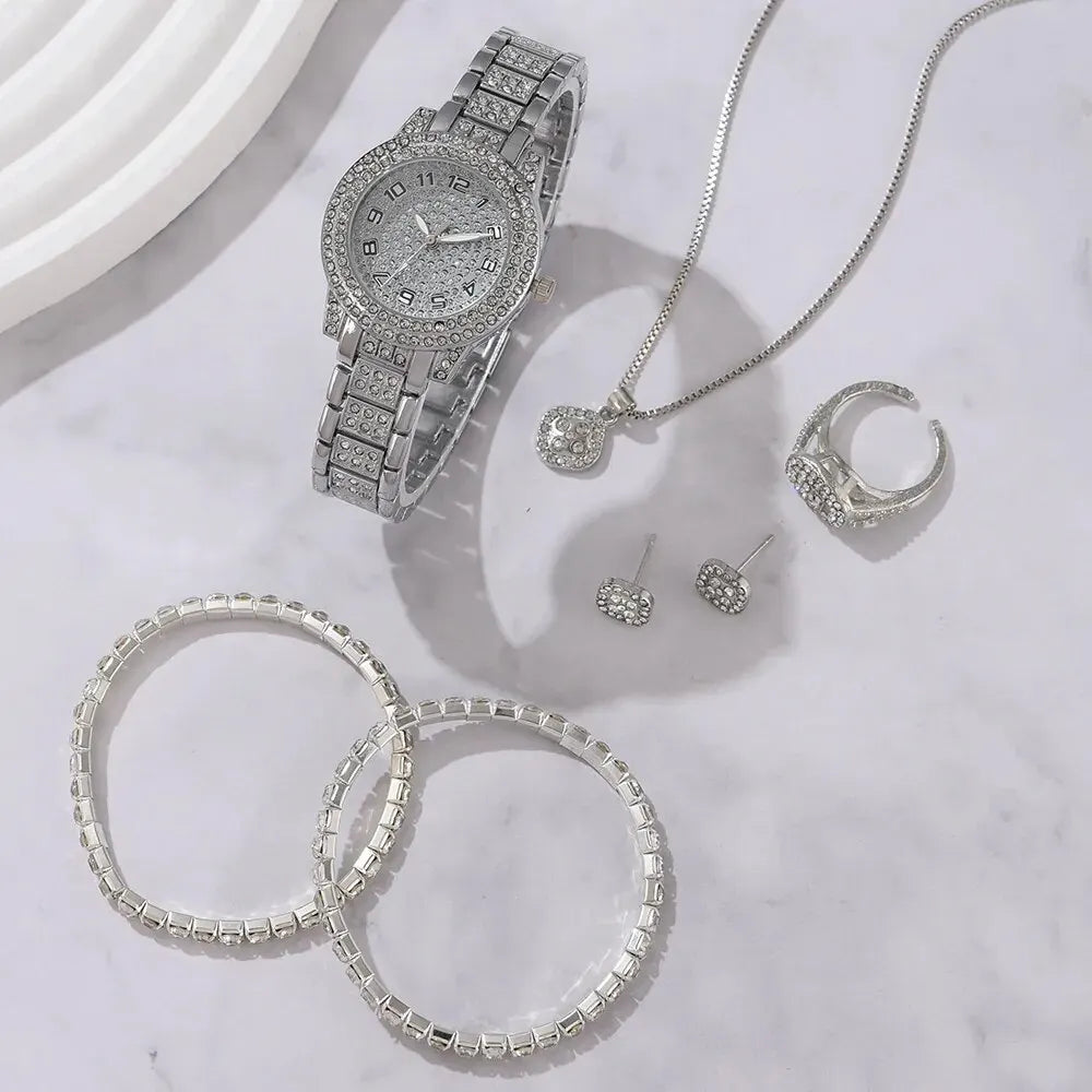 CrystalMuse Set – 6PCS Women's Luxury Watch & Rhinestone Bracelet Collection