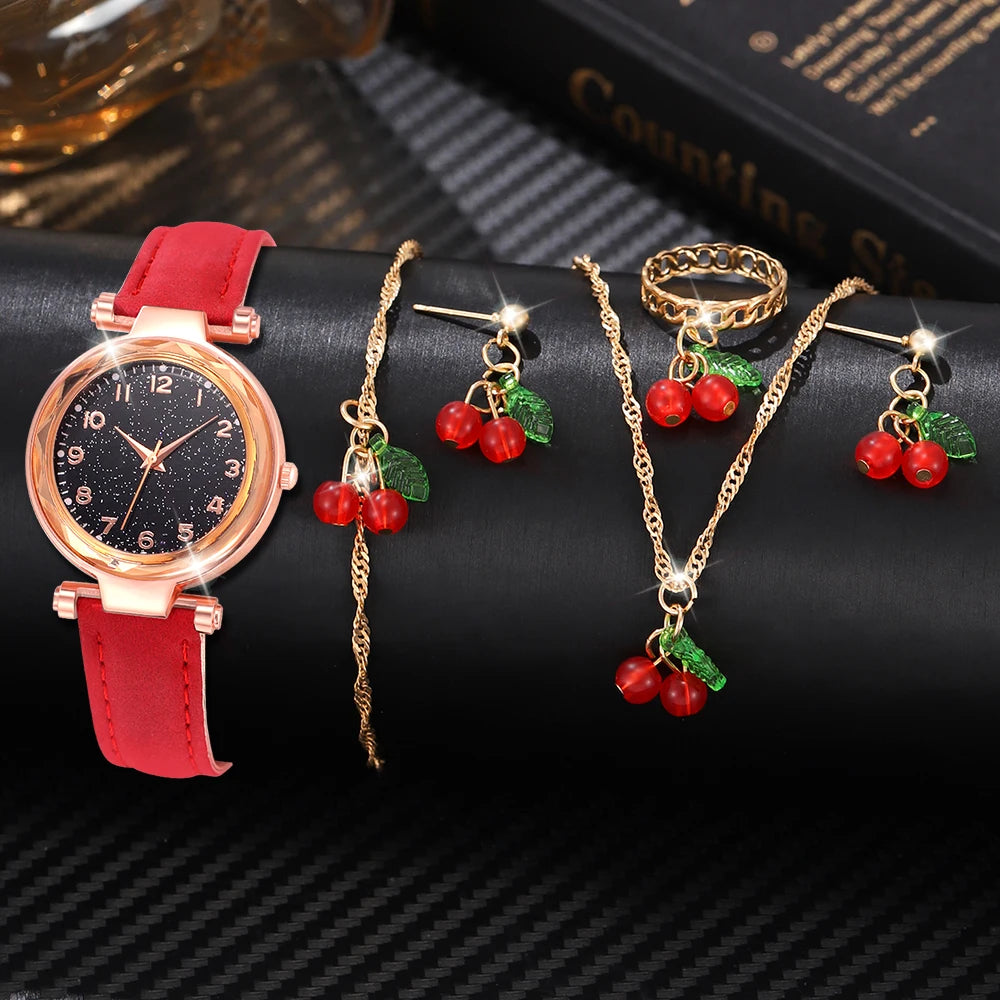 Cherry Chic – 6PCS Red Watch & Jewelry Gift Set