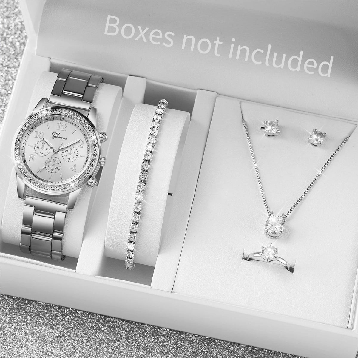 6PCS Women's Rhinestone Watch & Jewelry Set – Stainless Steel Quartz Elegance