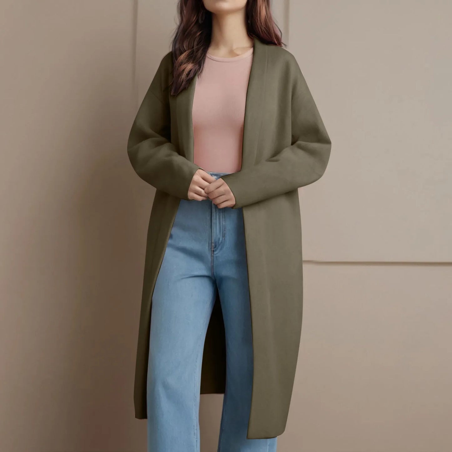 Long Knitted Cardigan for Women – Open Front V-Neck Winter Coat