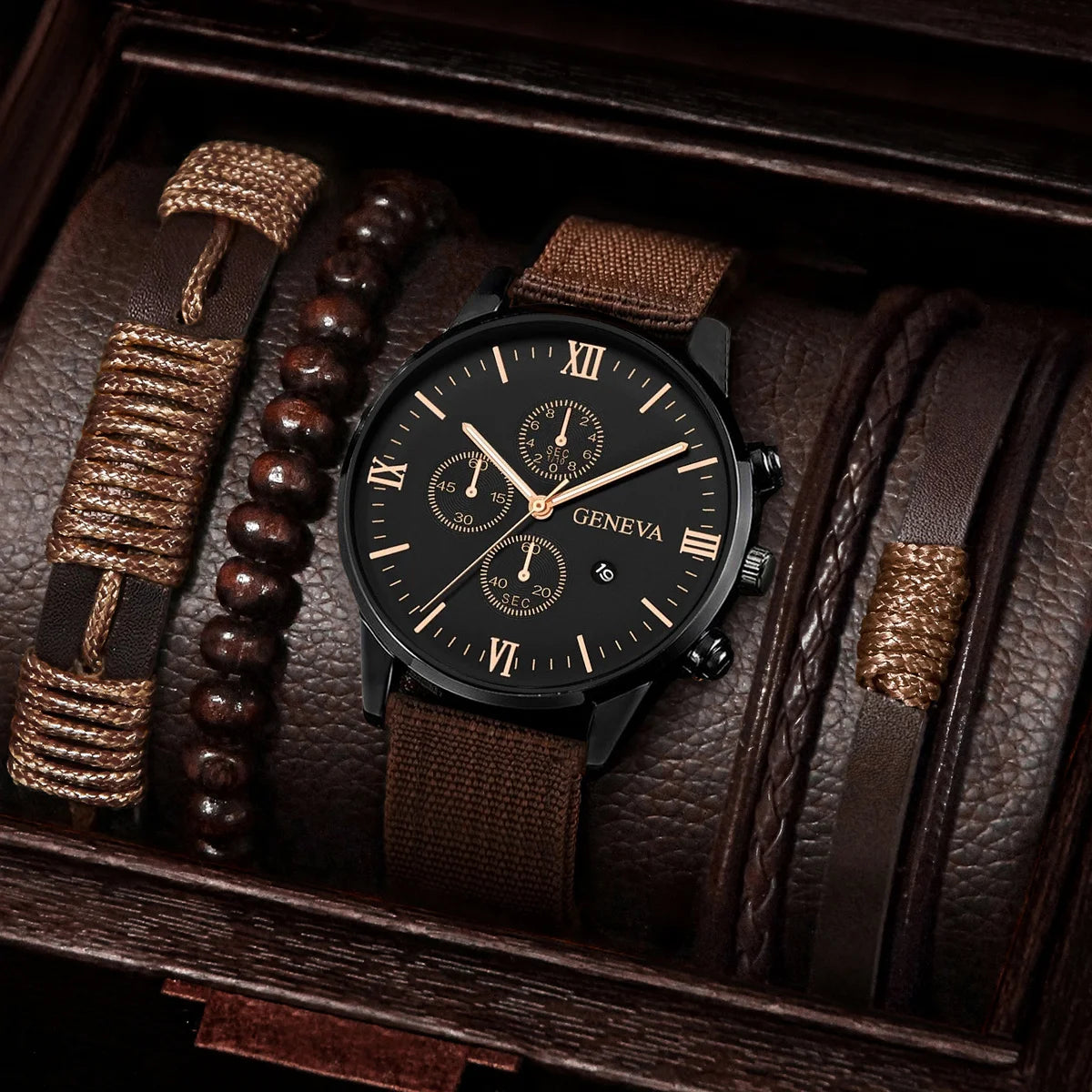 4/5PCS Men’s Casual Quartz Watch & Bracelet Set – Stylish Male Accessories