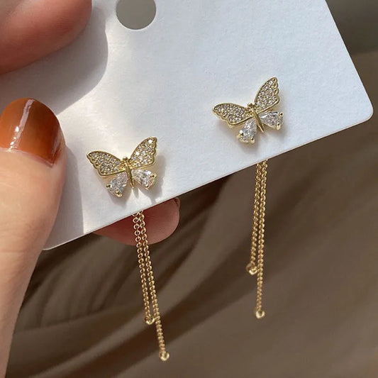 Butterfly Rhinestone Tassel Earrings – 2-Way Drop Earrings for Women & Girls
