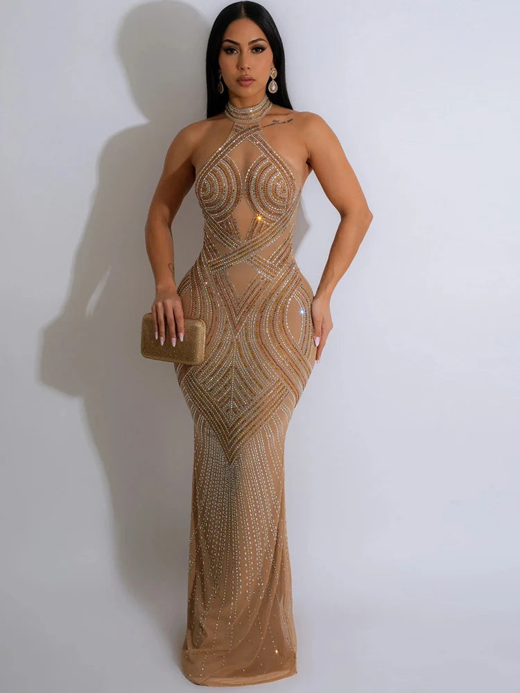 GlamMesh – Rhinestone Backless Maxi Dress for Show-Stopping Evenings