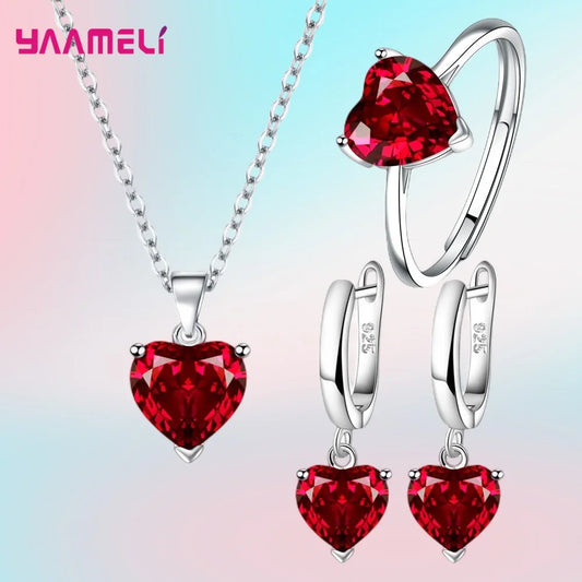 Sterling Silver 925 Heart Jewelry Gift Set – Necklace, Earrings & Ring with Zircon