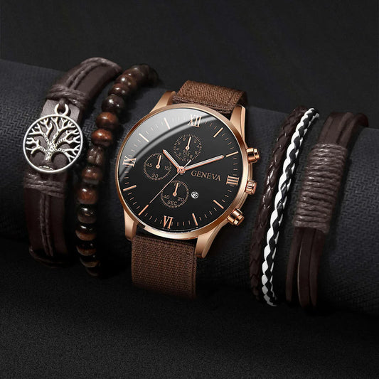 4/5PCS Men’s Casual Quartz Watch & Bracelet Set – Stylish Male Accessories