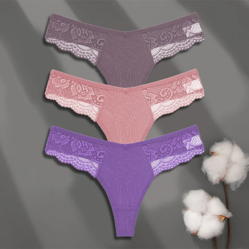 LaceLuxe – 3PCS Women's Cotton Lace Thong Set