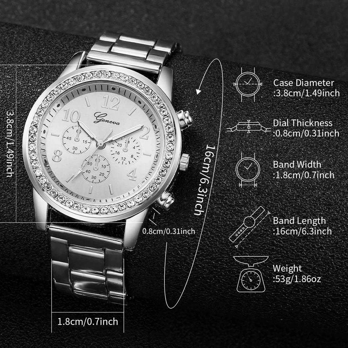 6PCS Women's Fashion Silver Steel Band Analog Quartz Watch & Diamond Jewelry Set (No Box)