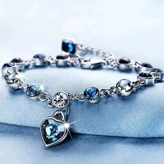 Women’s Silver Lucky Bracelet – Blue Crystal Heart Charm for Bridal & Gift