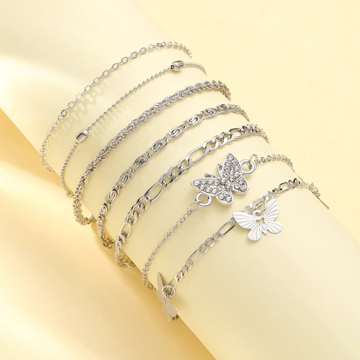 Boho Summer Anklet Set – Silver Charm Chain with Pearls, Butterflies & Stars